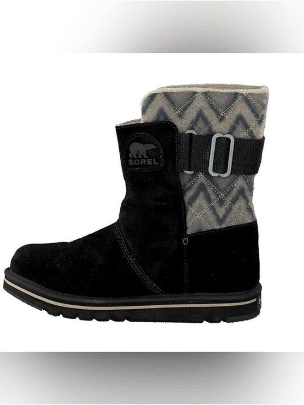 Sorel NEWBIE Women’s suede winter boots black & gray Ivory chevron Size 10